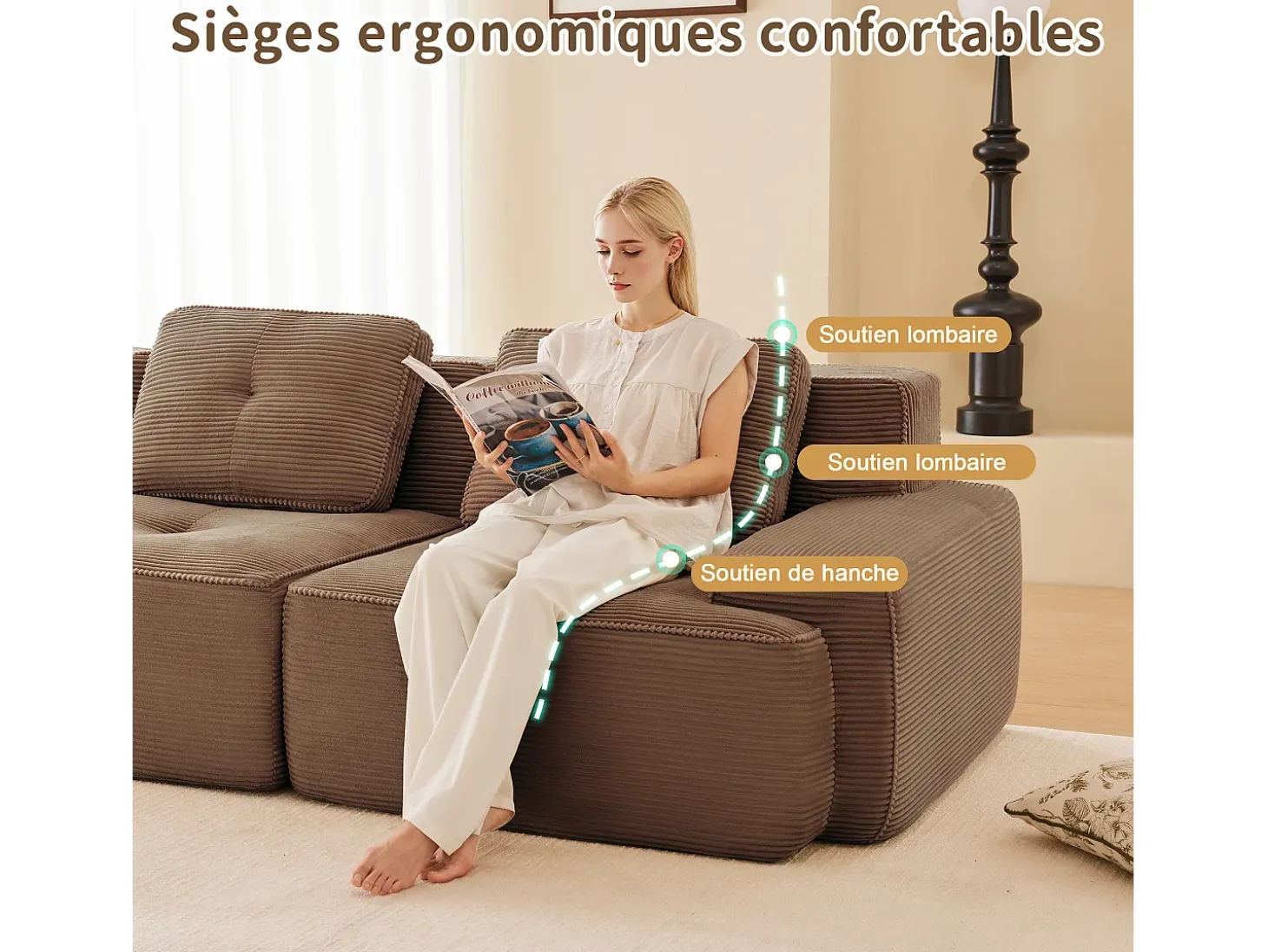Sofá Modular 4 lugares em Veludo cotelê, com 4 almofadas, 382x104x69cm, Marrom