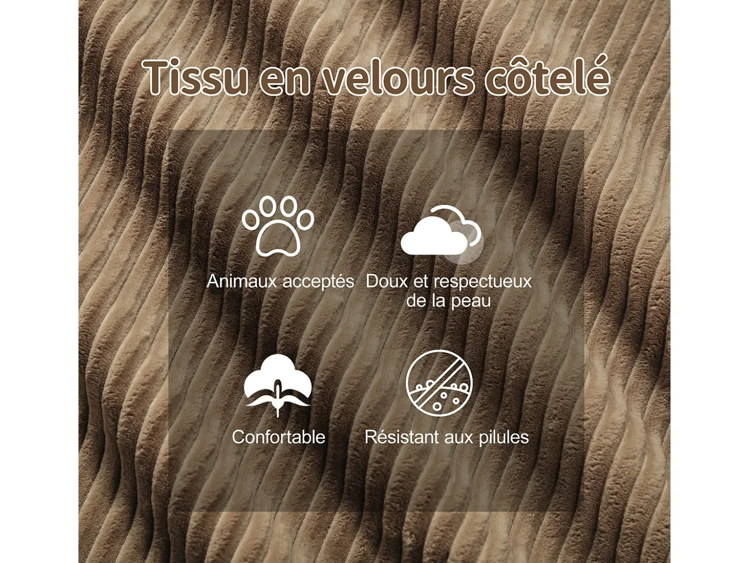 Sofá Modular 4 lugares em Veludo cotelê, com 4 almofadas, 382x104x69cm, Marrom