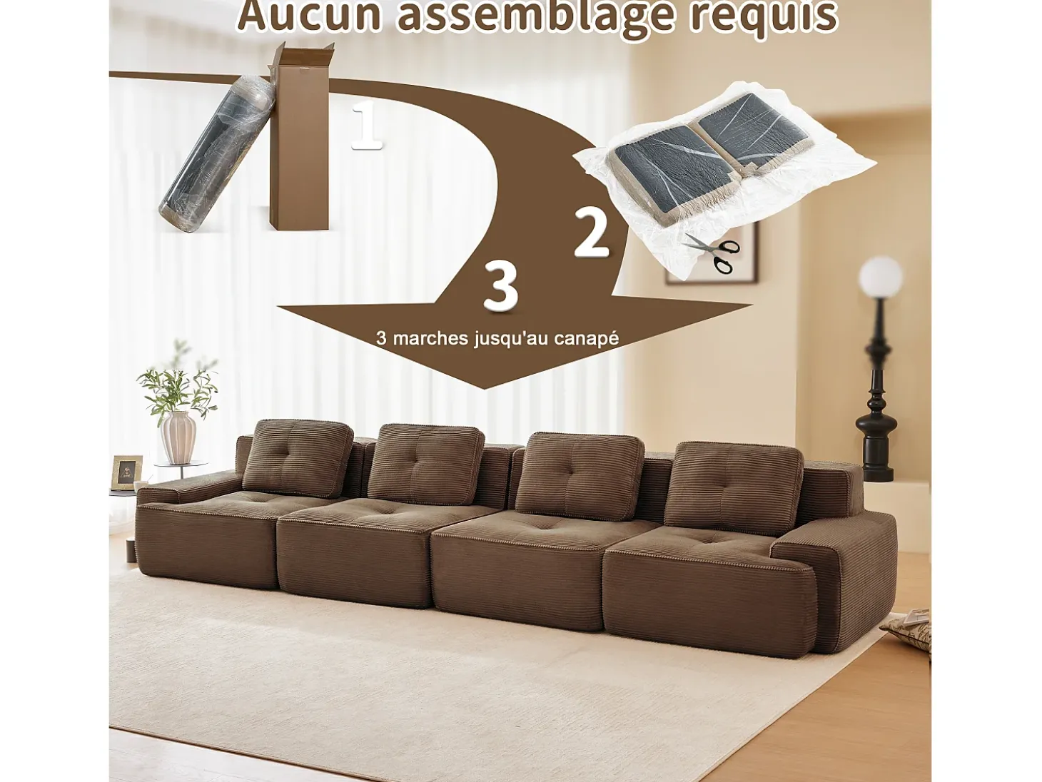 Sofá Modular 4 lugares em Veludo cotelê, com 4 almofadas, 382x104x69cm, Marrom