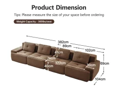 Sofá Modular 4 lugares em Veludo cotelê, com 4 almofadas, 382x104x69cm, Marrom