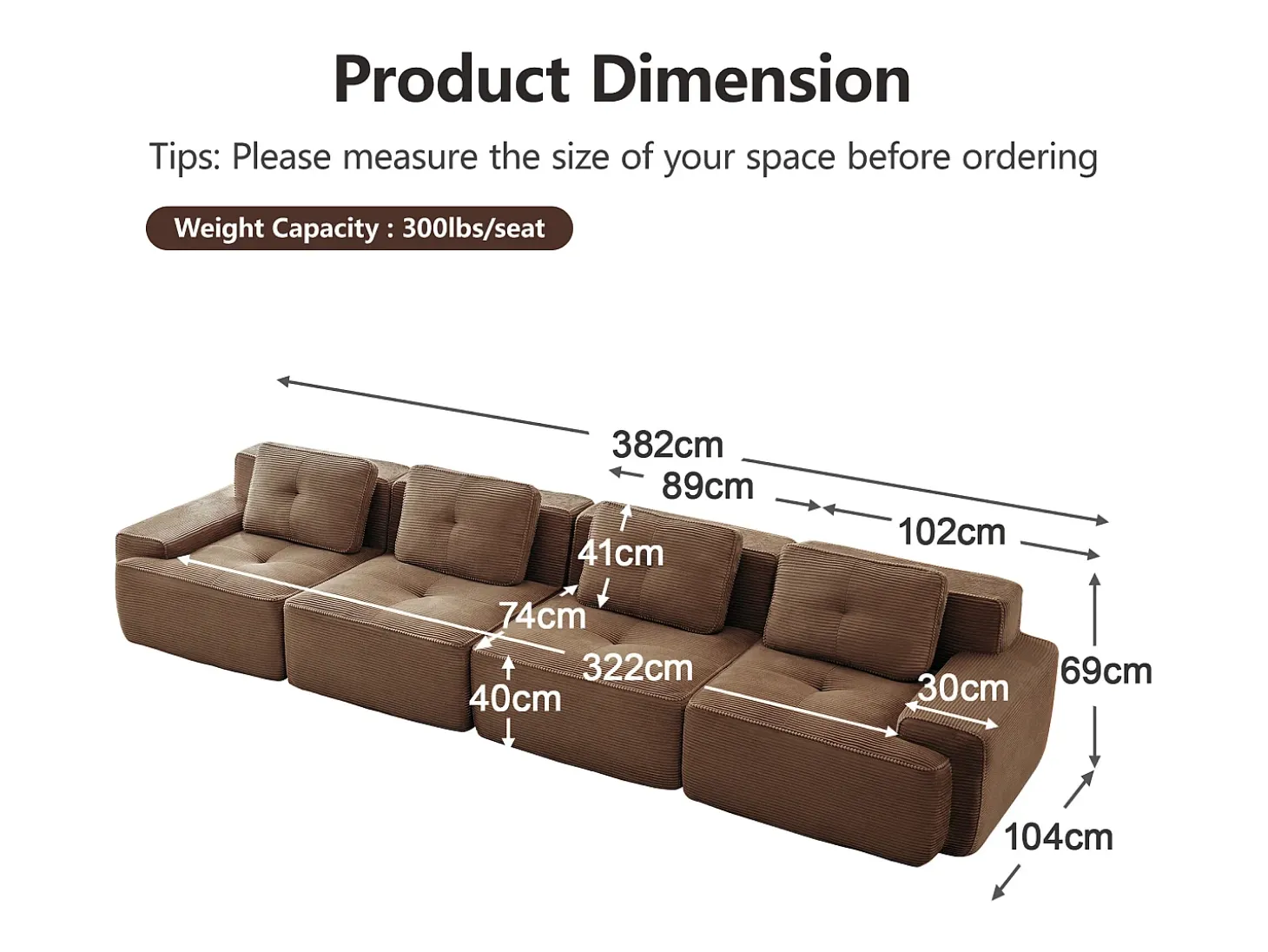 Sofá Modular 4 lugares em Veludo cotelê, com 4 almofadas, 382x104x69cm, Marrom