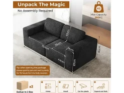 Sofá Modular 2 lugares em Veludo Cotelê, com 2 almofadas, 202x101x82cm, Preto