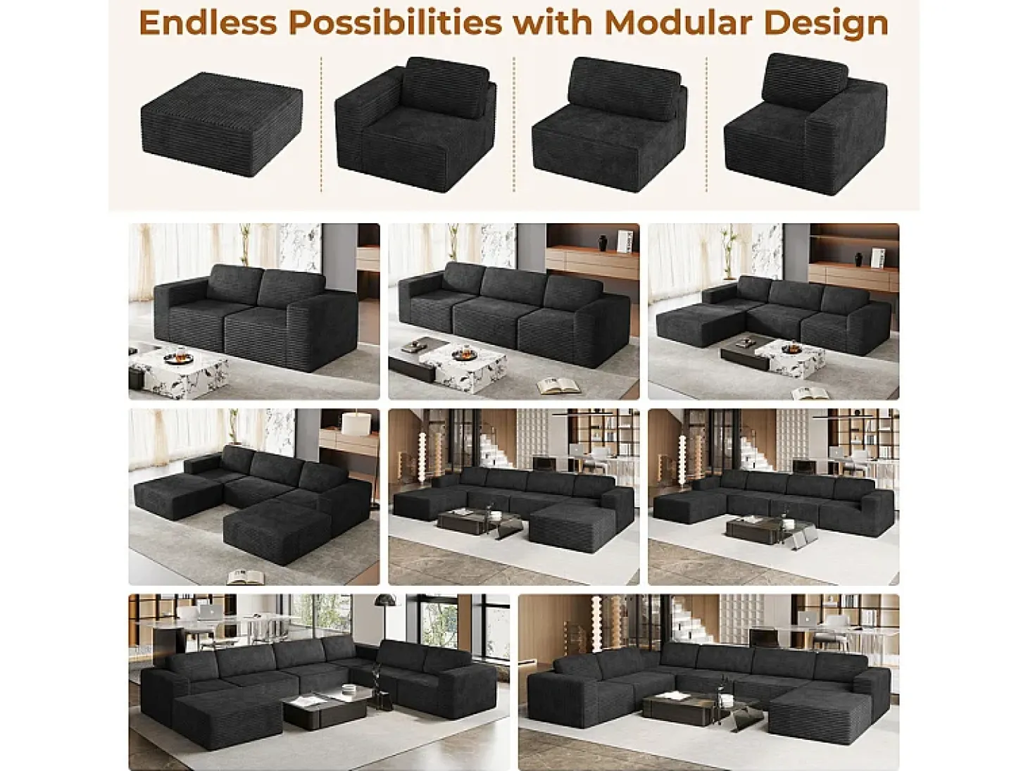 Sofá Modular 2 lugares em Veludo Cotelê, com 2 almofadas, 202x101x82cm, Preto