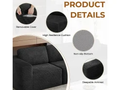 Sofá Modular 2 lugares em Veludo Cotelê, com 2 almofadas, 202x101x82cm, Preto