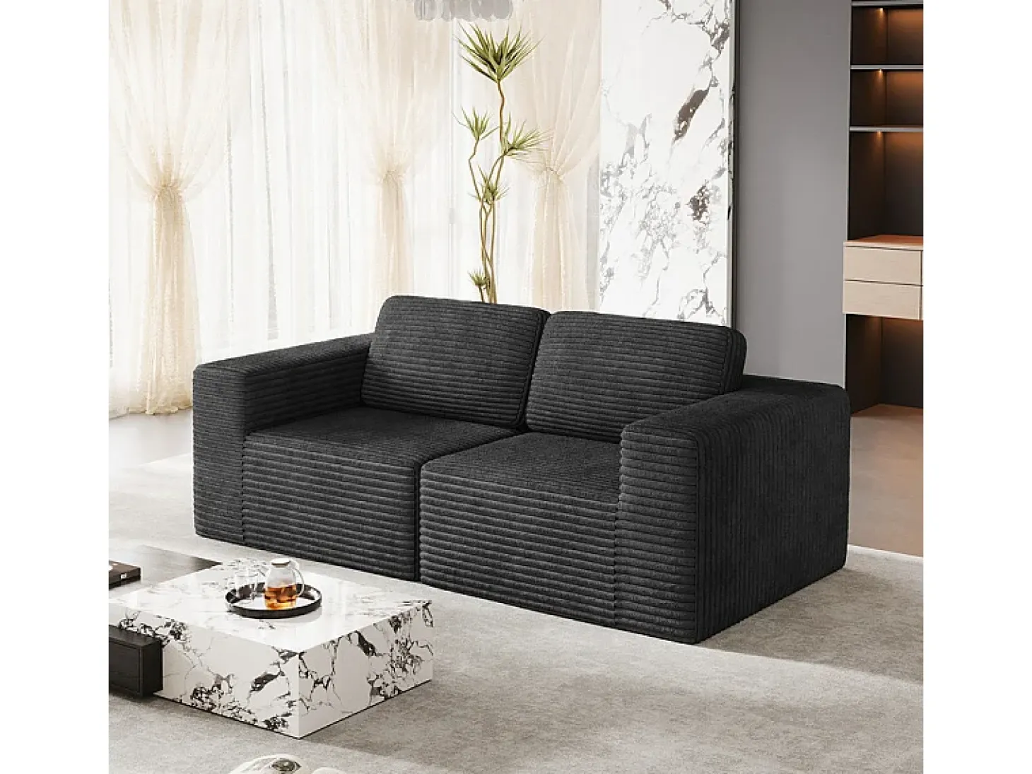 Sofá Modular 2 lugares em Veludo Cotelê, com 2 almofadas, 202x101x82cm, Preto