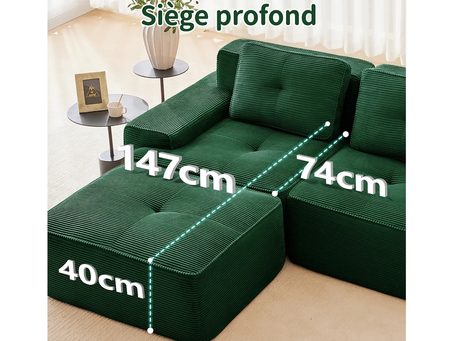 Sofá Modular 4 lugares em Veludo cotelê, com 4 almofadas, 382x104x69cm, Verde