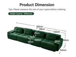 Sofá Modular 4 lugares em Veludo cotelê, com 4 almofadas, 382x104x69cm, Verde