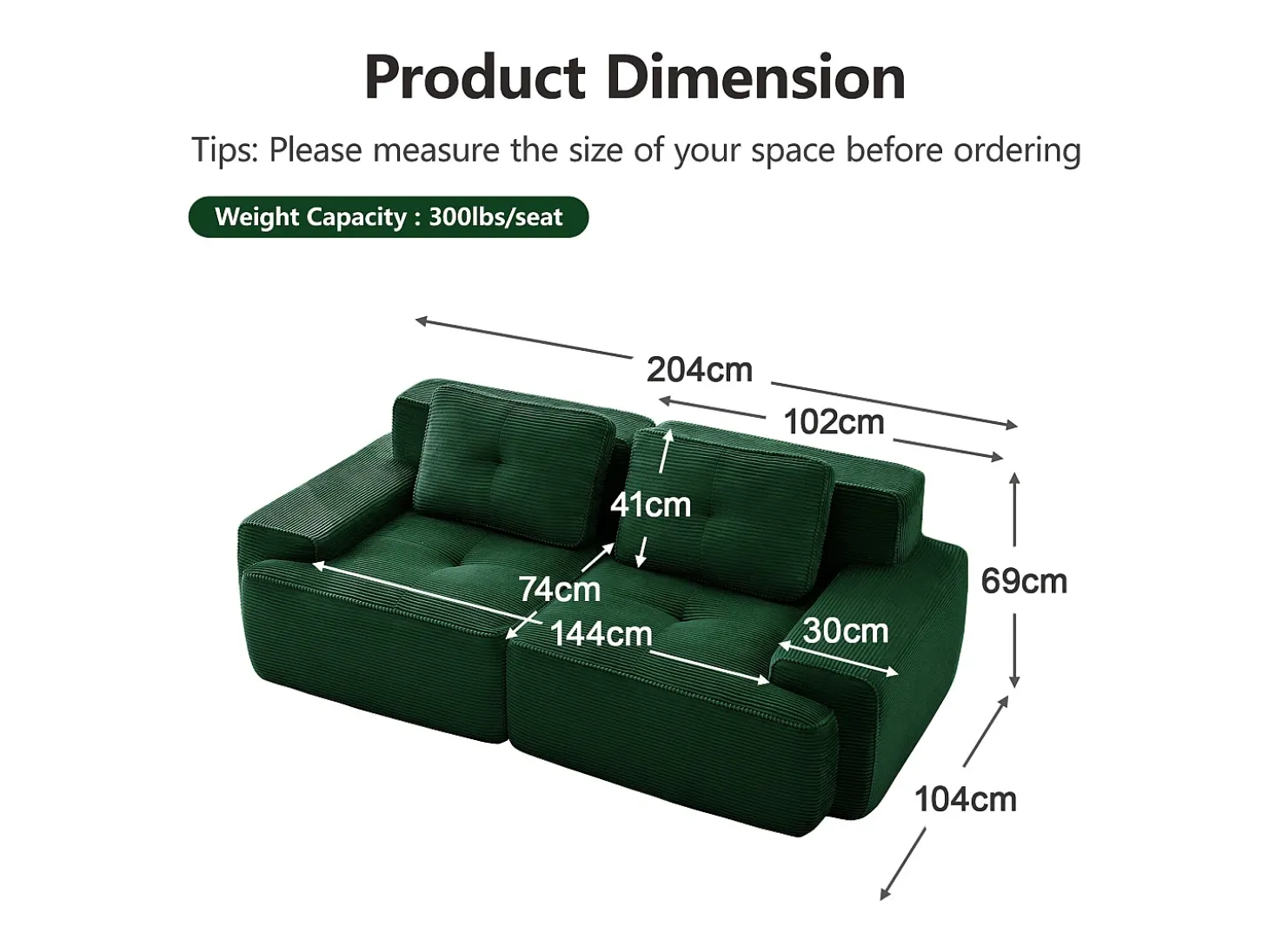 Sofá Modular 2 lugares em Veludo cotelê com 2 almofadas, sem montagem, 204x104x69cm, Verde