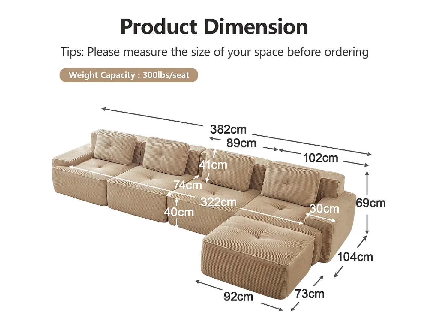 Sofá Modular 4 lugares em Veludo cotelê, com puff e 4 almofadas, 382x177x69cm, Bege