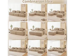 Sofá Modular 4 lugares em Veludo cotelê, com puff e 4 almofadas, 382x177x69cm, Bege