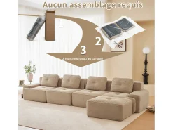 Sofá Modular 4 lugares em Veludo cotelê, com puff e 4 almofadas, 382x177x69cm, Bege