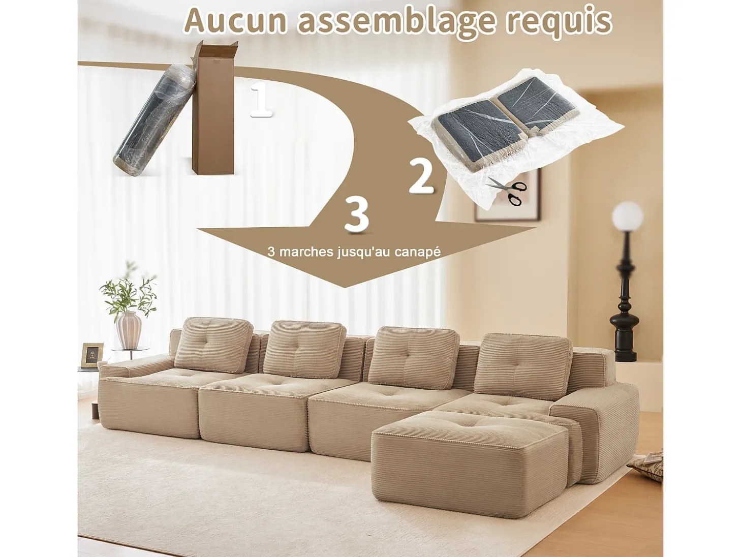 Sofá Modular 4 lugares em Veludo cotelê, com puff e 4 almofadas, 382x177x69cm, Bege