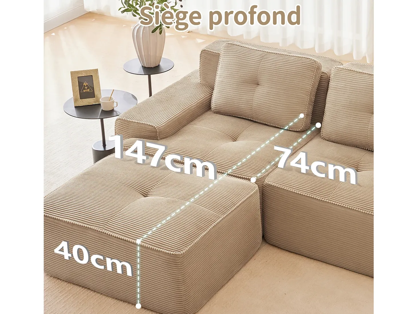 Sofá Modular 4 lugares em Veludo cotelê, com puff e 4 almofadas, 382x177x69cm, Bege