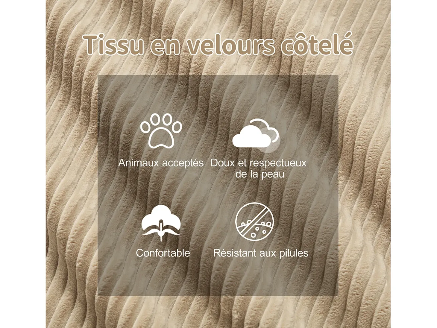 Sofá Modular 4 lugares em Veludo cotelê, com puff e 4 almofadas, 382x177x69cm, Bege