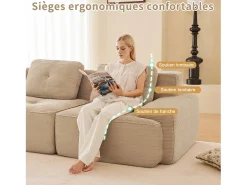Sofá Modular 4 lugares em Veludo cotelê, com puff e 4 almofadas, 382x177x69cm, Bege