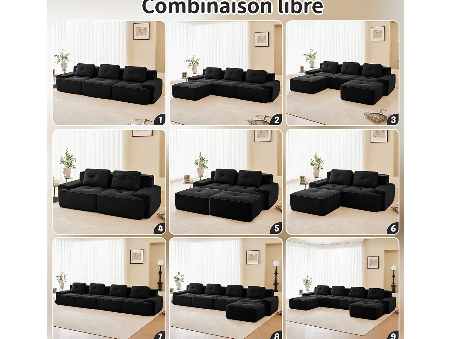 Sofá Modular 4 lugares em Veludo cotelê, com puff e 4 almofadas, 382x177x69cm, Preto