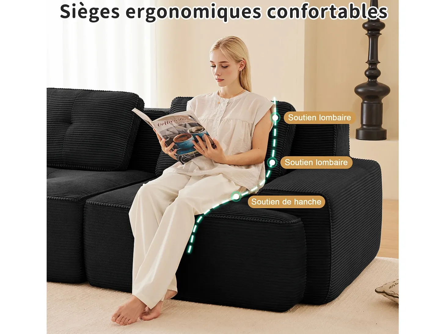 Sofá Modular 4 lugares em Veludo cotelê, com puff e 4 almofadas, 382x177x69cm, Preto