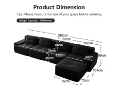 Sofá Modular 4 lugares em Veludo cotelê, com puff e 4 almofadas, 382x177x69cm, Preto
