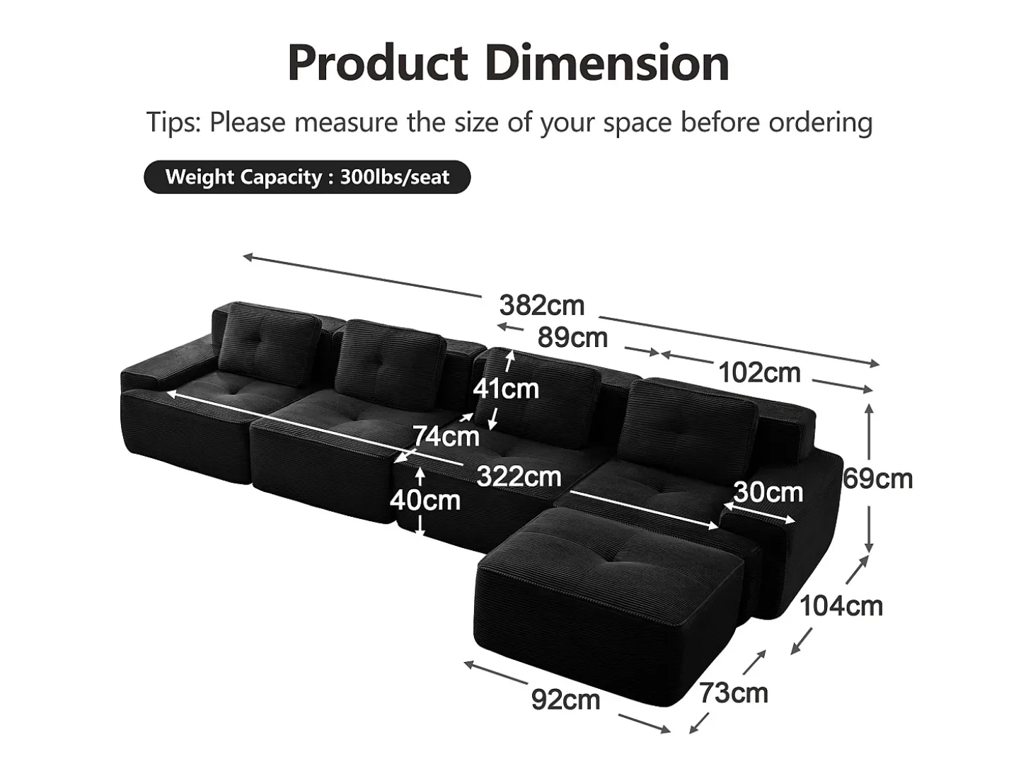 Sofá Modular 4 lugares em Veludo cotelê, com puff e 4 almofadas, 382x177x69cm, Preto