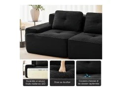 Sofá Modular 4 lugares em Veludo cotelê, com puff e 4 almofadas, 382x177x69cm, Preto