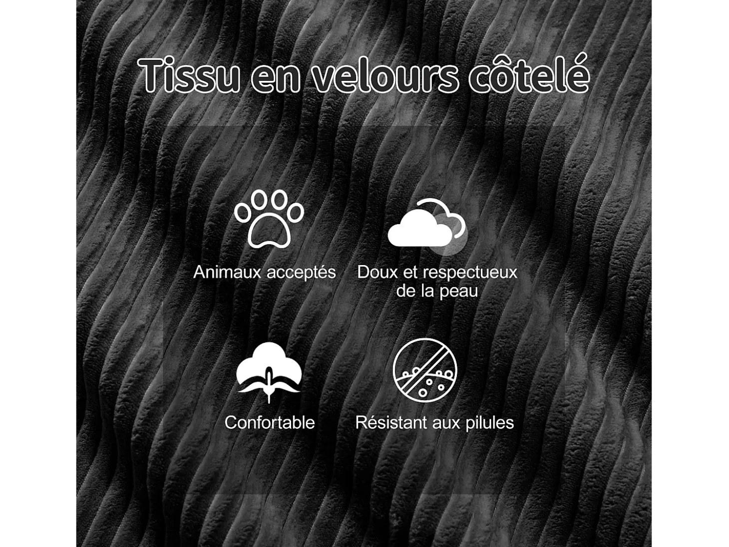 Sofá Modular 4 lugares em Veludo cotelê, com puff e 4 almofadas, 382x177x69cm, Preto