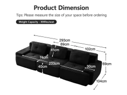 Sofá Modular 3 lugares em Veludo cotelê, com 3 almofadas, assento extra profundo 74cm, 293x104x69cm, Preto