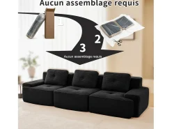 Sofá Modular 3 lugares em Veludo cotelê, com 3 almofadas, assento extra profundo 74cm, 293x104x69cm, Preto