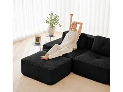 Sofá Modular 4 lugares em Veludo cotelê, com 4 almofadas, 382x104x69cm, Preto
