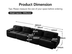 Sofá Modular 4 lugares em Veludo cotelê, com 4 almofadas, 382x104x69cm, Preto
