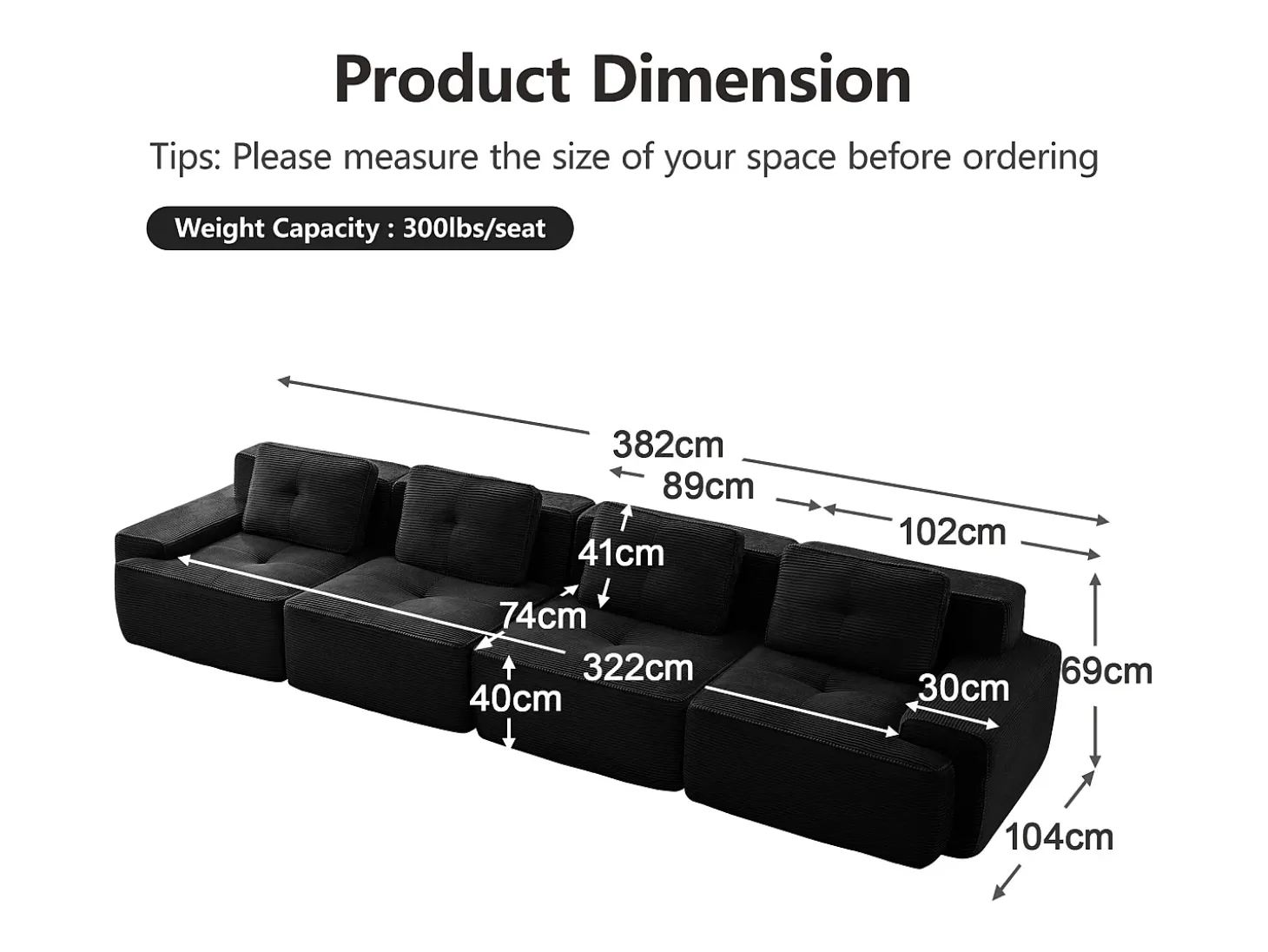 Sofá Modular 4 lugares em Veludo cotelê, com 4 almofadas, 382x104x69cm, Preto