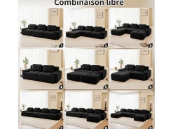 Sofá Modular 4 lugares em Veludo cotelê, com 4 almofadas, 382x104x69cm, Preto