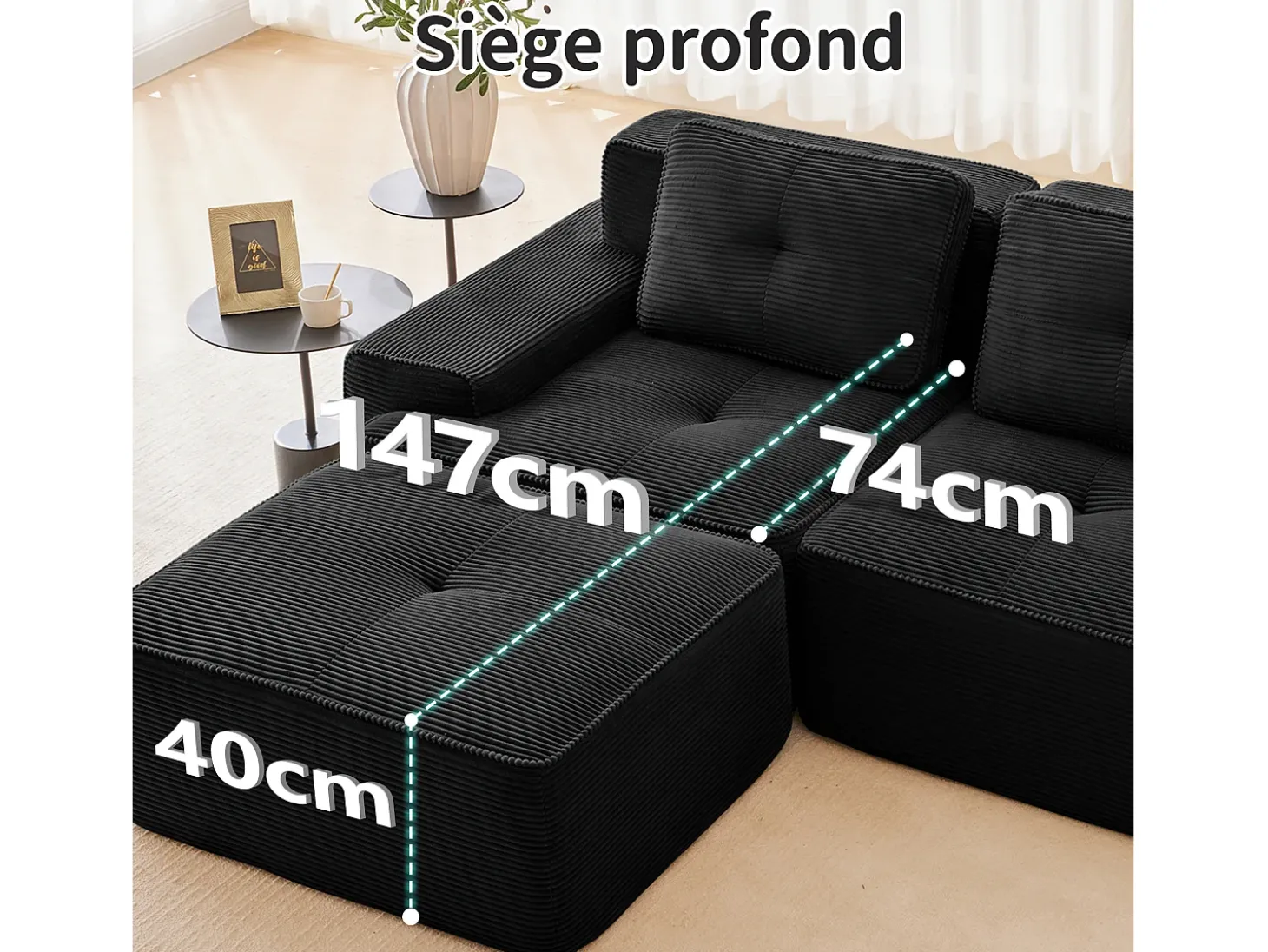 Sofá Modular 4 lugares em Veludo cotelê, com 4 almofadas, 382x104x69cm, Preto