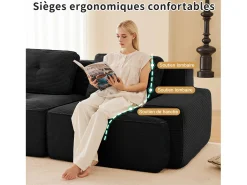 Sofá Modular 4 lugares em Veludo cotelê, com 4 almofadas, 382x104x69cm, Preto