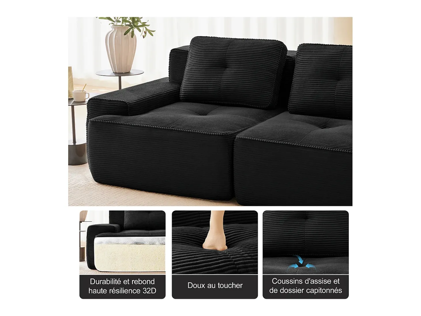 Sofá Modular 4 lugares em Veludo cotelê, com 4 almofadas, 382x104x69cm, Preto