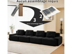 Sofá Modular 4 lugares em Veludo cotelê, com 4 almofadas, 382x104x69cm, Preto