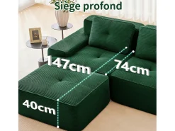 Sofá Modular 4 lugares em Veludo cotelê, com puff e 4 almofadas, 382x177x69cm, Verde