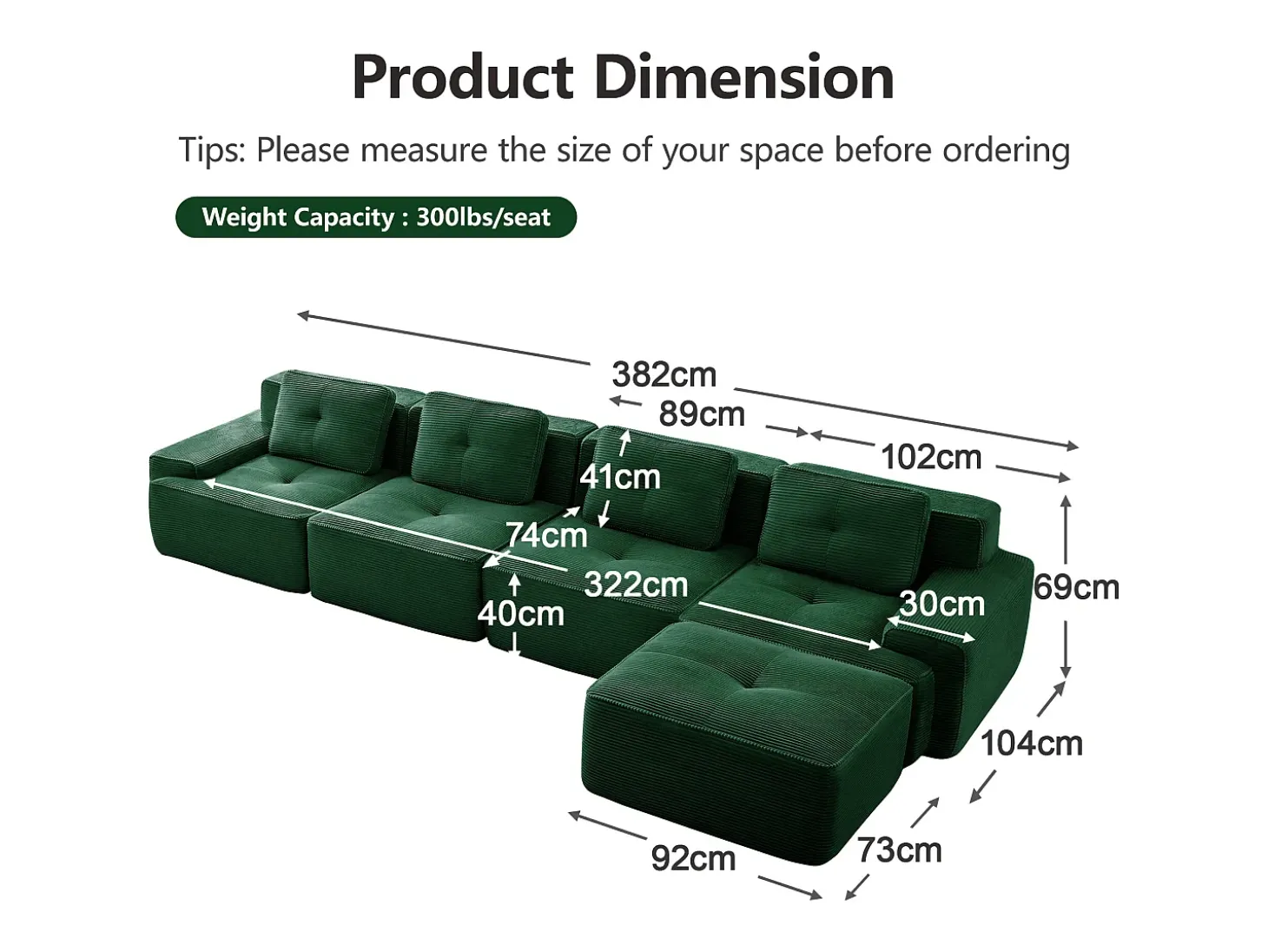 Sofá Modular 4 lugares em Veludo cotelê, com puff e 4 almofadas, 382x177x69cm, Verde