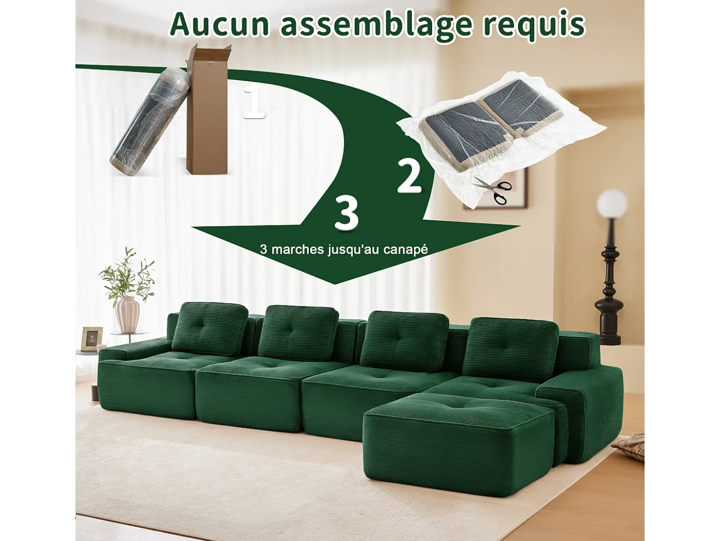Sofá Modular 4 lugares em Veludo cotelê, com puff e 4 almofadas, 382x177x69cm, Verde