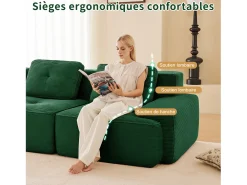 Sofá Modular 4 lugares em Veludo cotelê, com puff e 4 almofadas, 382x177x69cm, Verde