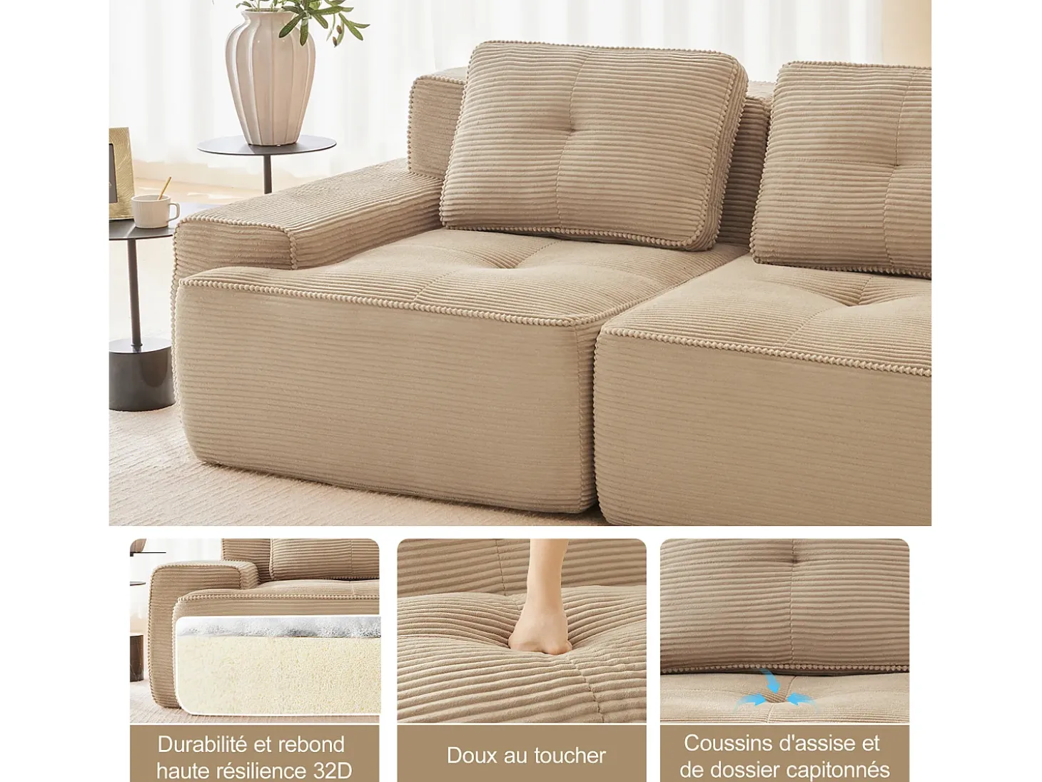 Sofá Modular 4 lugares em Veludo cotelê, com 4 almofadas, 382x104x69cm, Bege