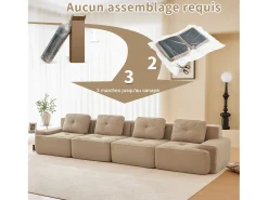 Sofá Modular 4 lugares em Veludo cotelê, com 4 almofadas, 382x104x69cm, Bege