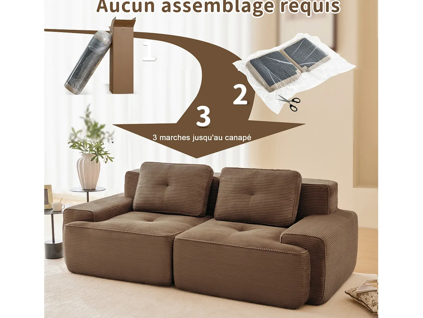 Sofá Modular 2 lugares em Veludo cotelê com 2 almofadas, sem montagem, 204x104x69cm, Marrom