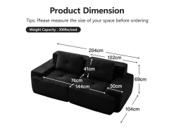 Sofá Modular 2 lugares em Veludo cotelê com 2 almofadas, sem montagem, 204x104x69cm, Preto