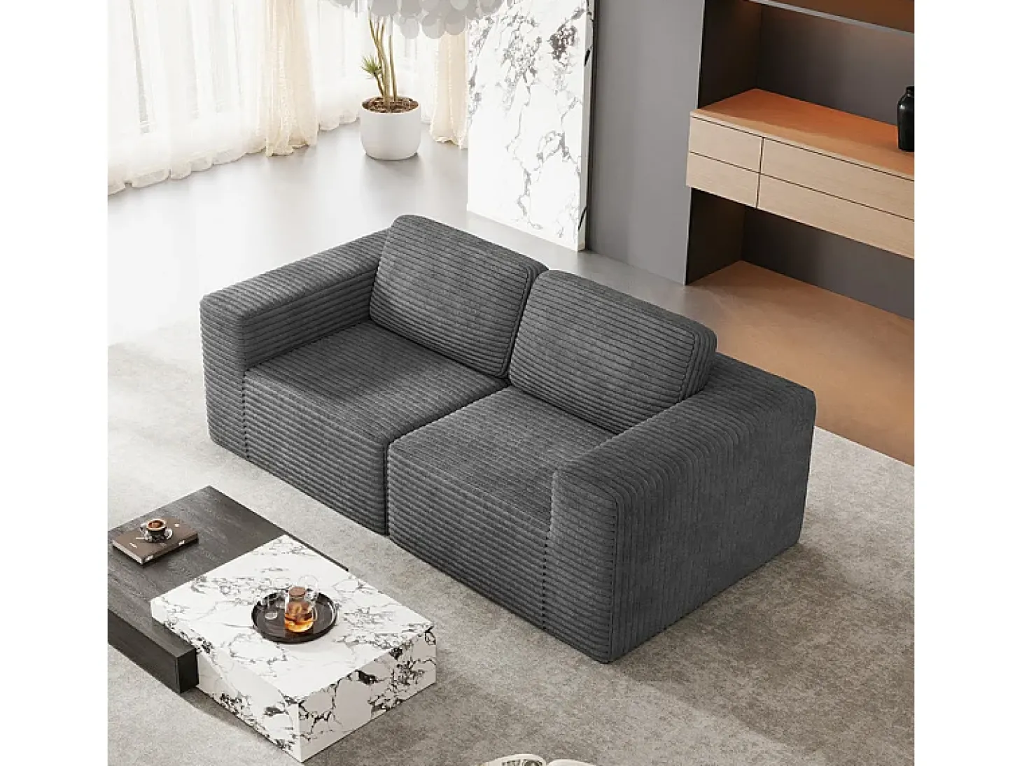 Sofá Modular 2 lugares em Veludo Cotelê, com 2 almofadas, 202x101x82cm, Cinza