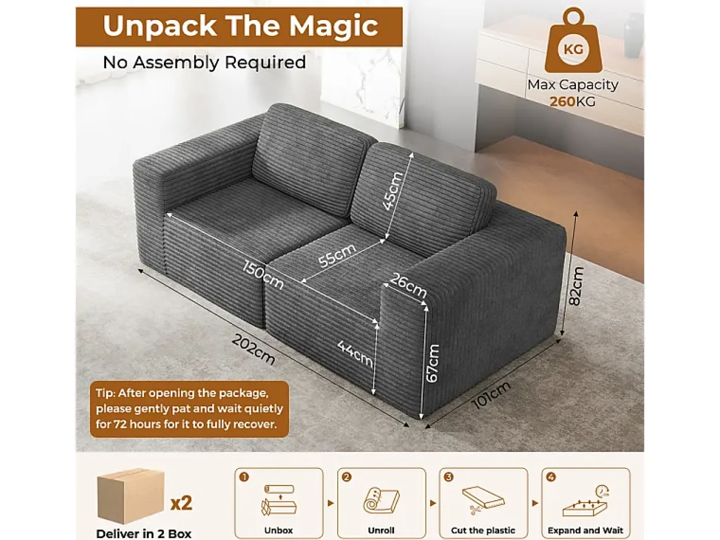Sofá Modular 2 lugares em Veludo Cotelê, com 2 almofadas, 202x101x82cm, Cinza