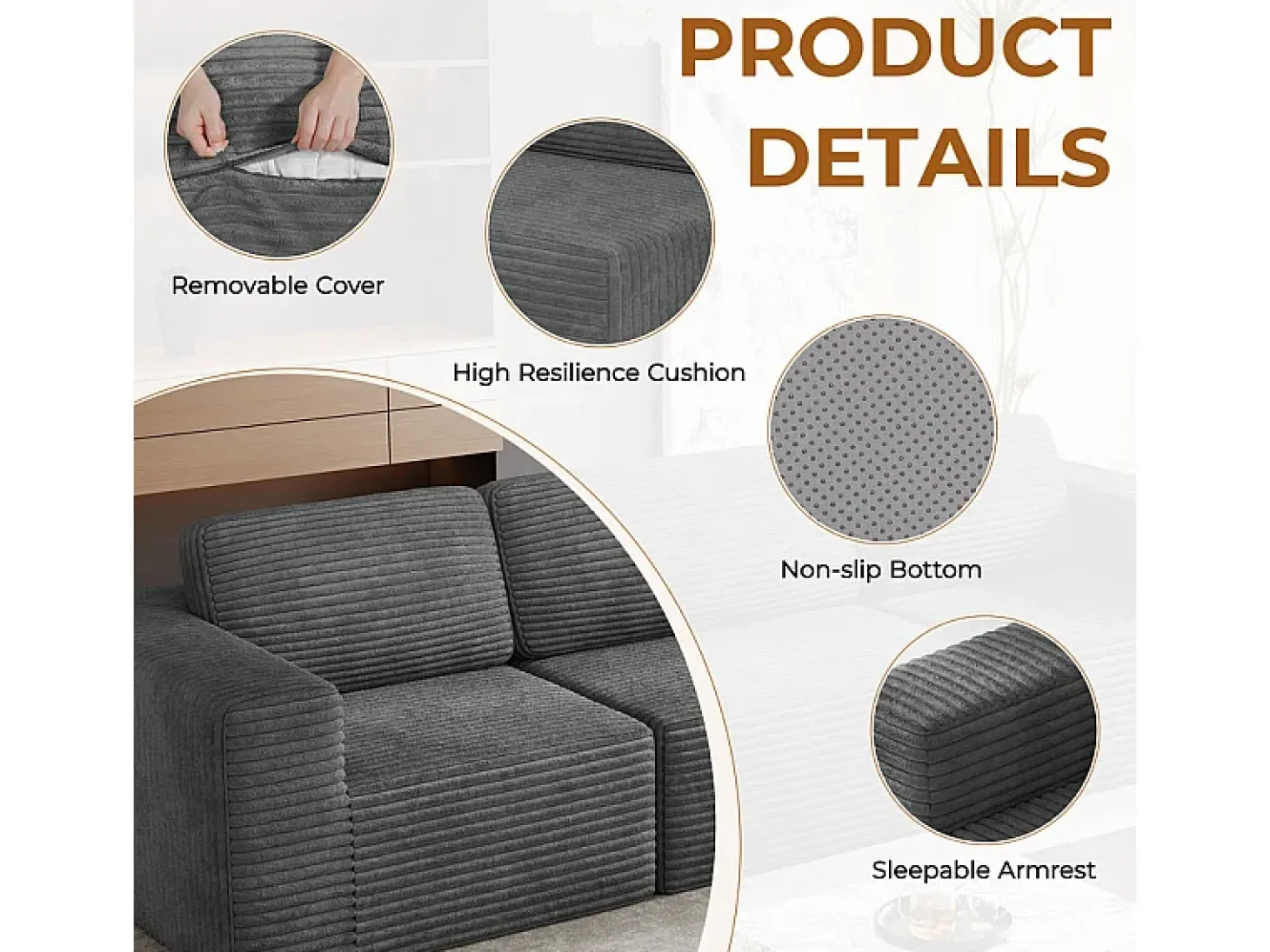 Sofá Modular 2 lugares em Veludo Cotelê, com 2 almofadas, 202x101x82cm, Cinza