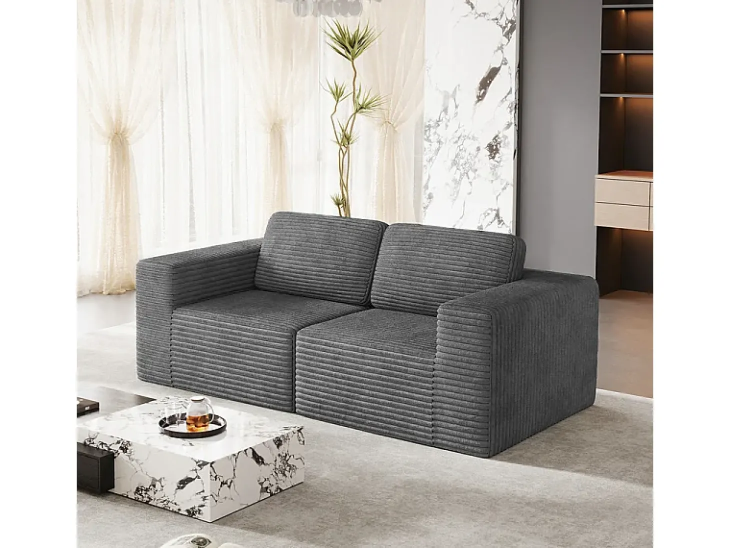 Sofá Modular 2 lugares em Veludo Cotelê, com 2 almofadas, 202x101x82cm, Cinza