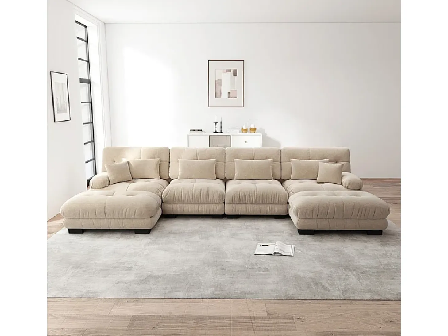 Sofá modular canto 4 lugares - com 2 puff e 6 almofadas - DIY formato U/L - 406x145x81cm - Bege