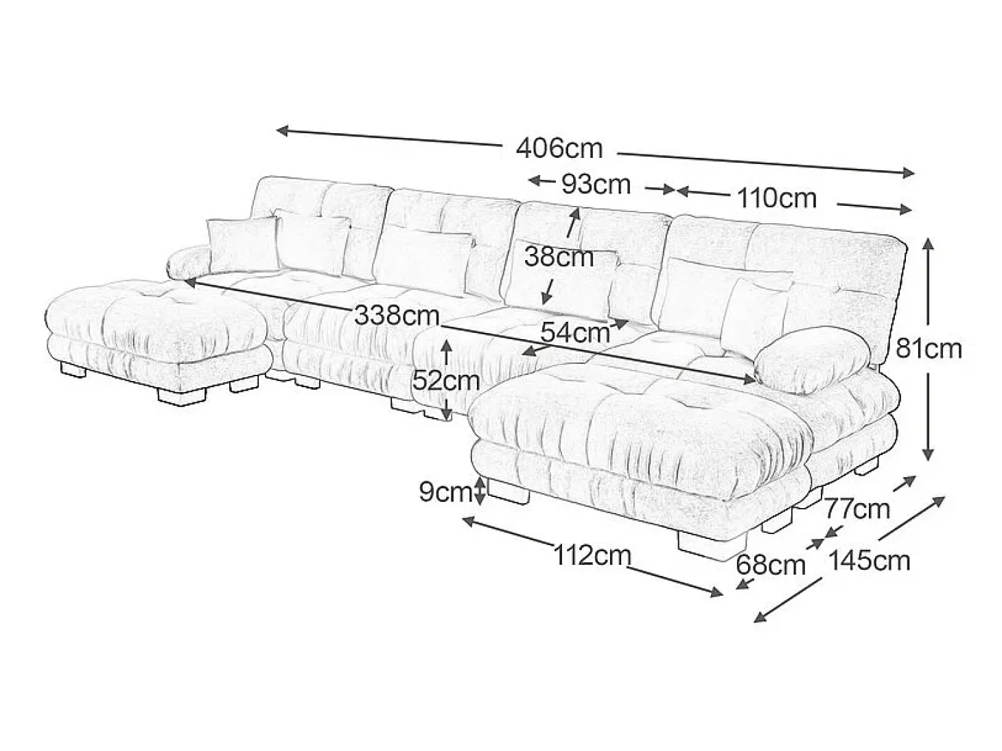 Sofá modular canto 4 lugares - com 2 puff e 6 almofadas - DIY formato U/L - 406x145x81cm - Cinza