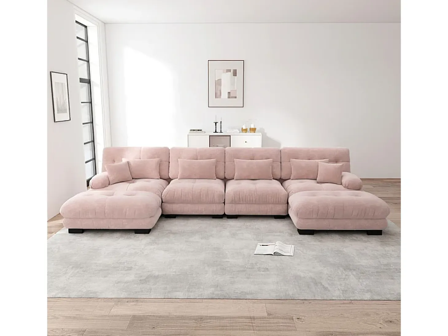 Sofá modular canto 4 lugares - com 2 puff e 6 almofadas - DIY formato U/L - 406x145x81cm - Rosa